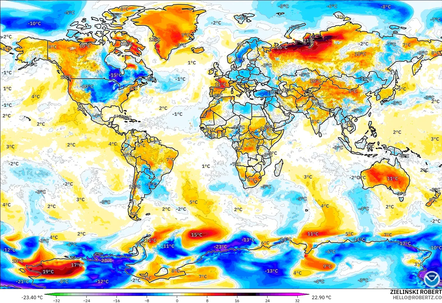 GFS モデル - 世界, 気温異常（2m）