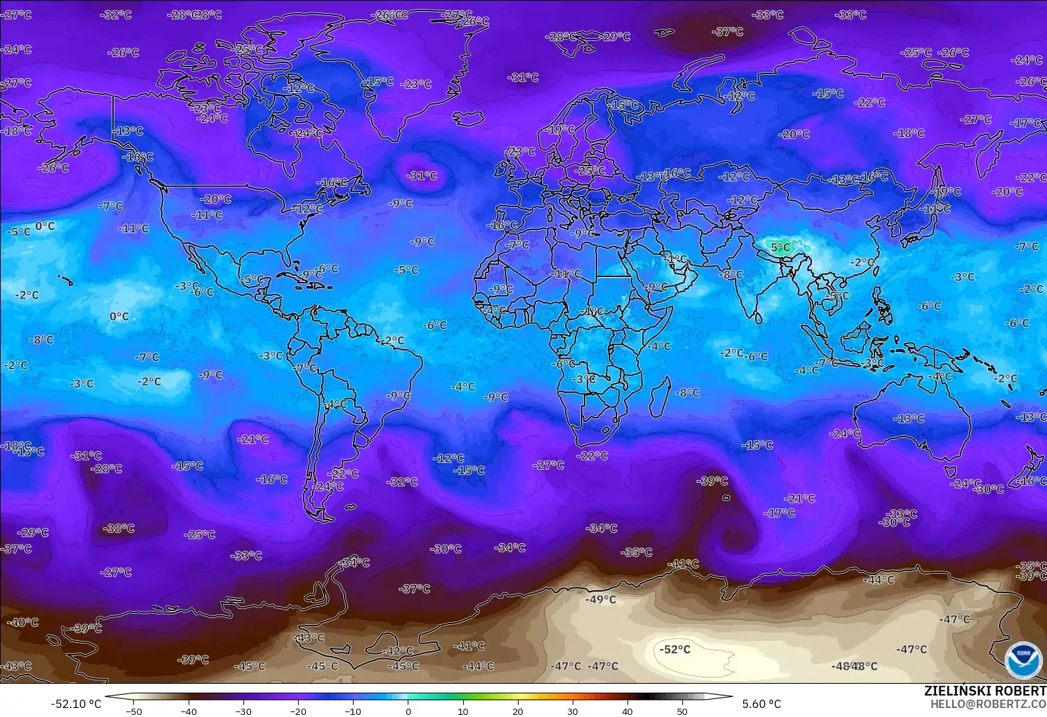 GFS モデル - 世界, 気温（500hPa）
