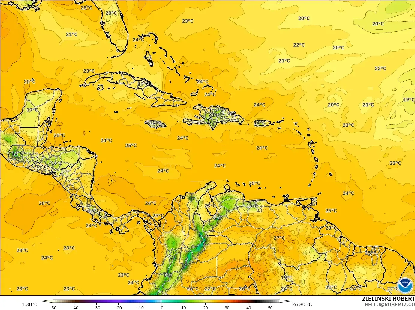 GFS モデル - カリブ海, 露点温度（2m）