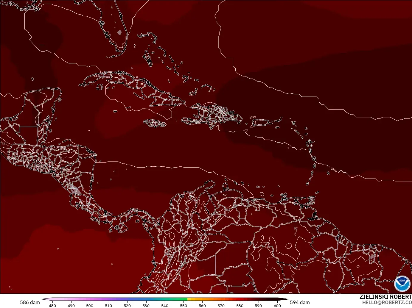 GFS モデル - カリブ海, 500hPaのジオポテンシャル高度