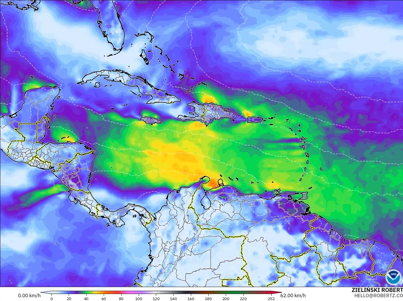 GFS モデル - カリブ海, 突風（最大）