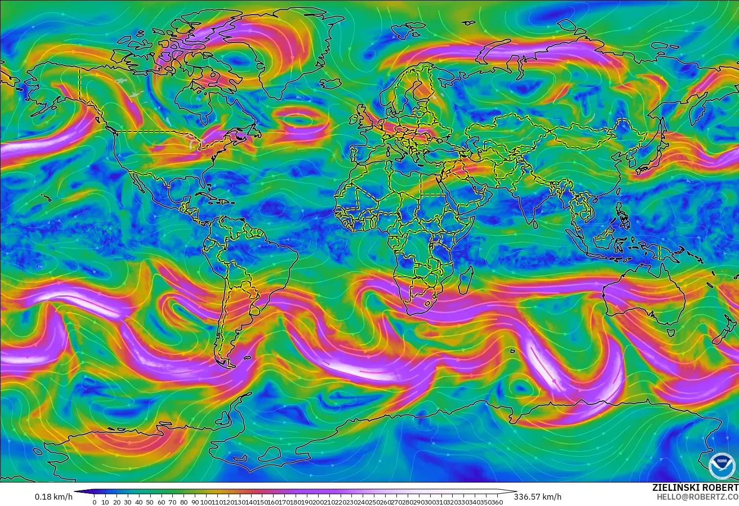 GFS モデル - 世界, 風速（300hPa）