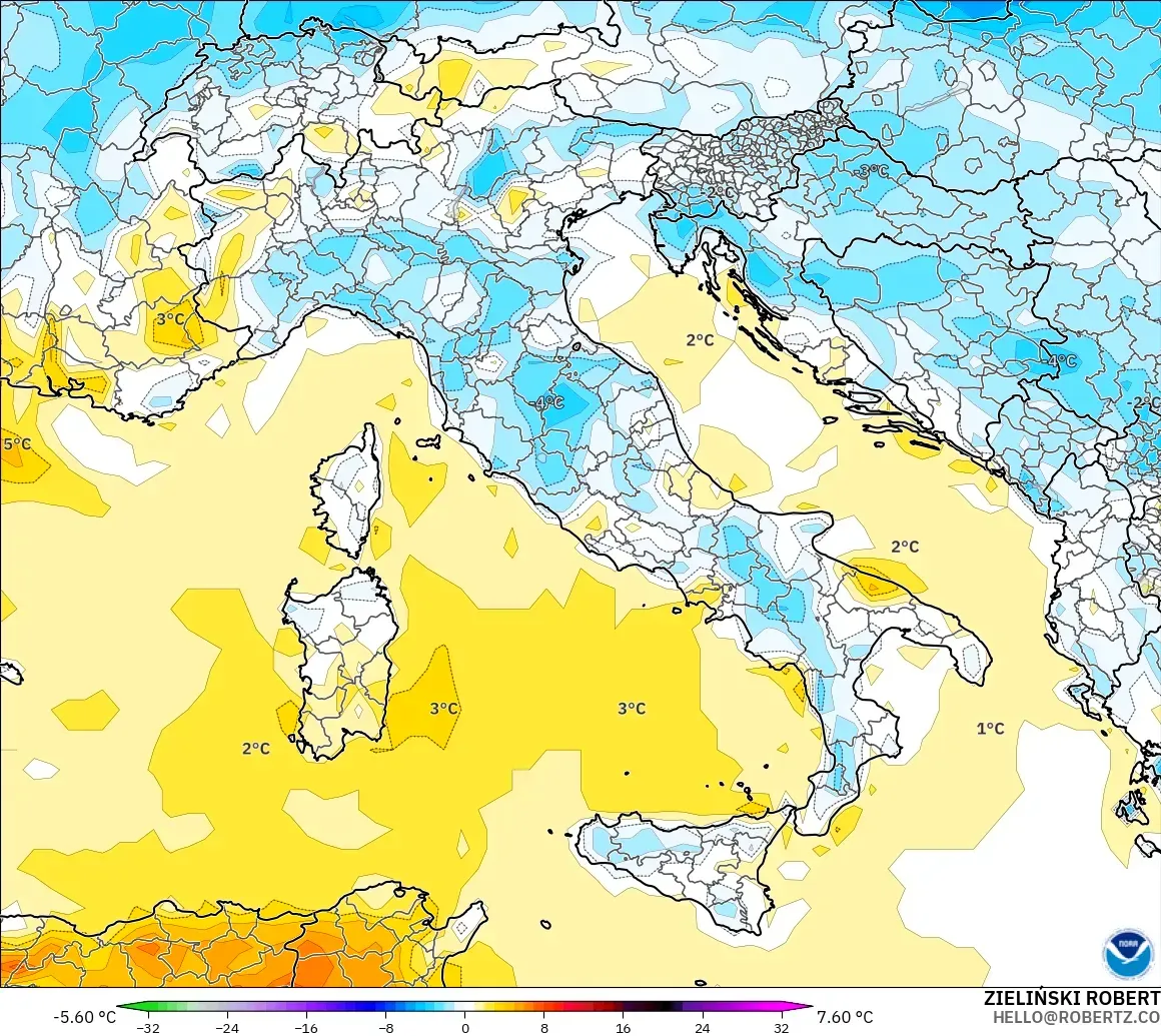 GFS モデル - イタリア, 気温異常（2m）