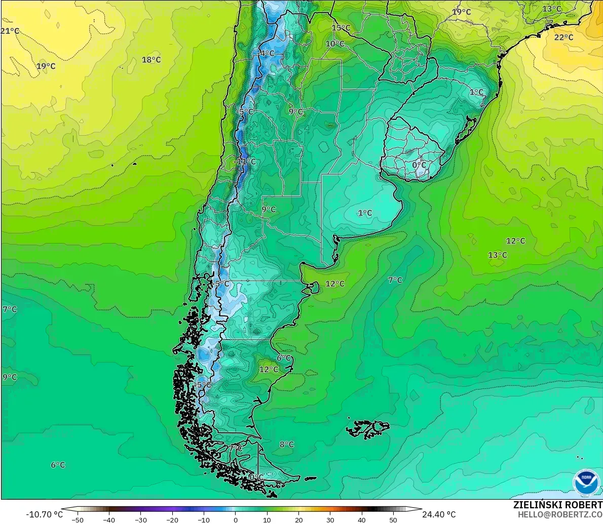 GFS モデル - アルゼンチン, 気温（2m）