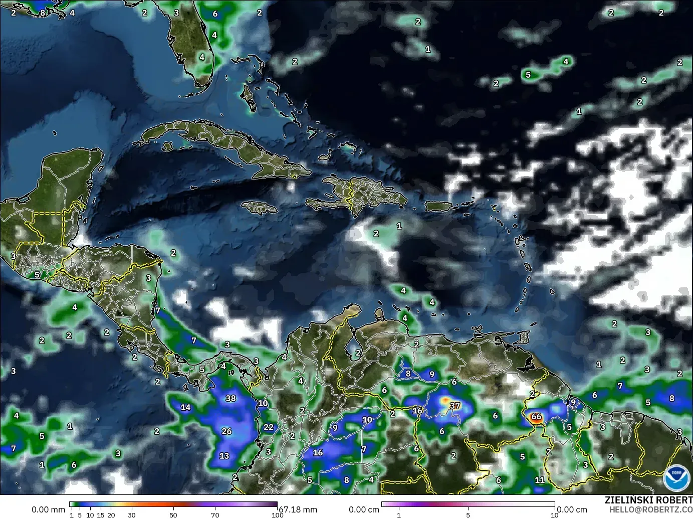 GFS モデル - カリブ海, 降水量、雲、気圧