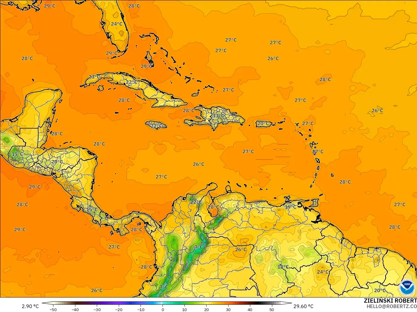GFS モデル - カリブ海, 気温（2m）