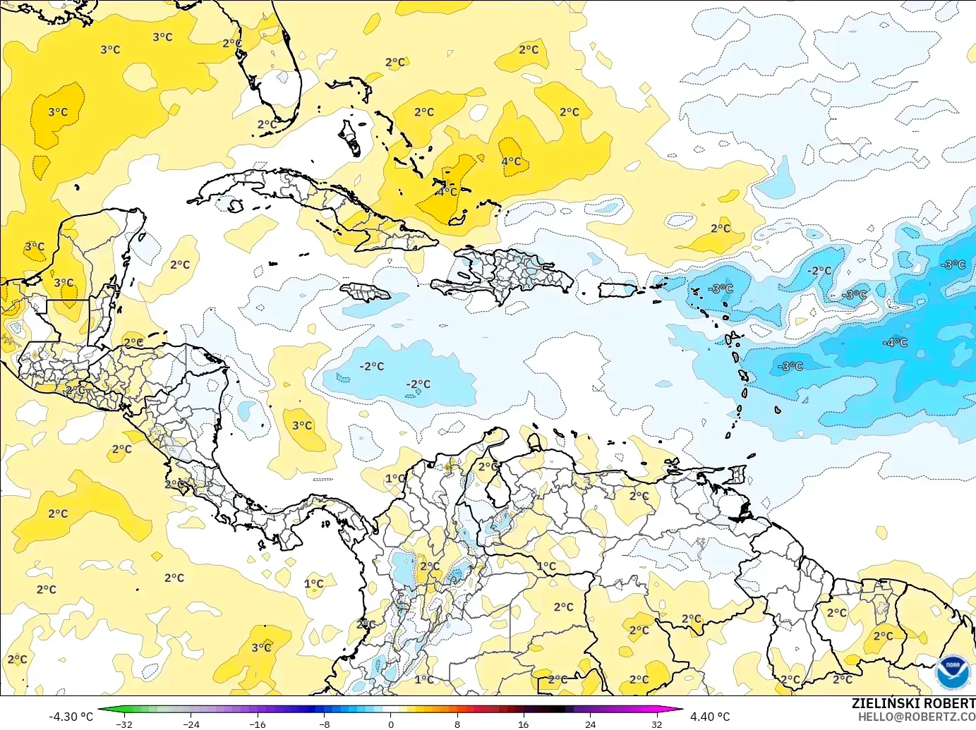 GFS モデル - カリブ海, 気温異常（850hPa）