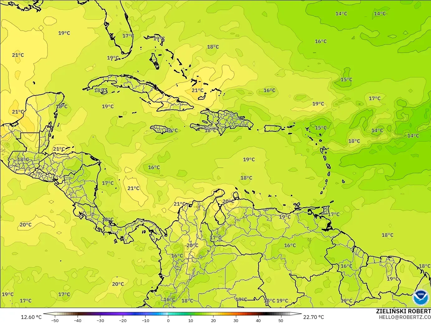 GFS モデル - カリブ海, 気温（850hPa）