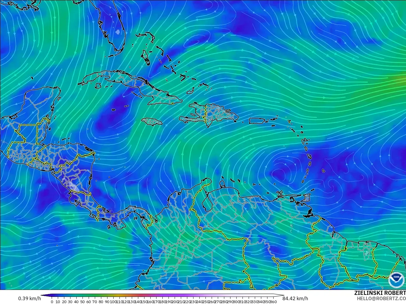 GFS モデル - カリブ海, 風速（300hPa）