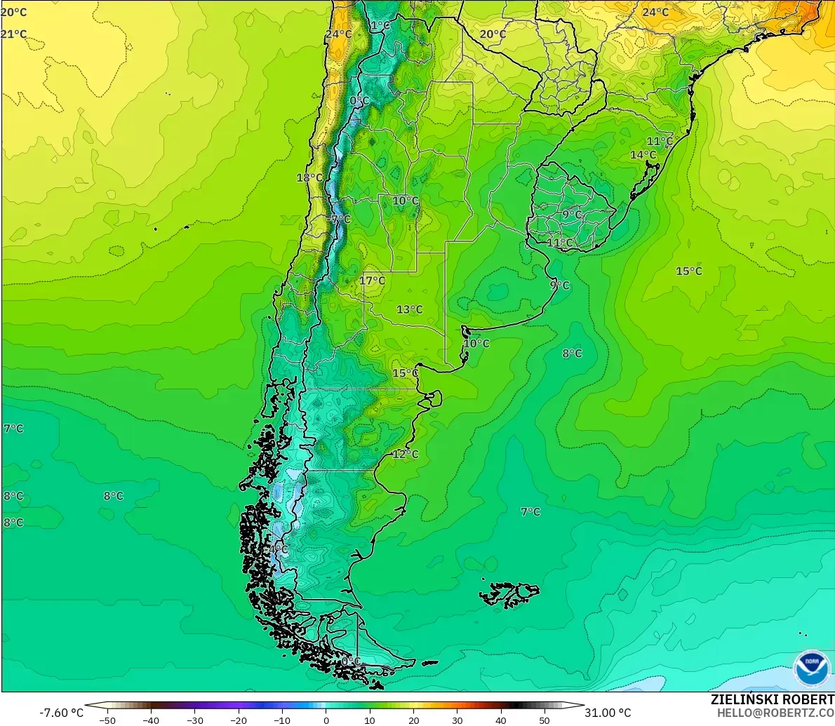 GFS モデル - アルゼンチン, 気温（2m）