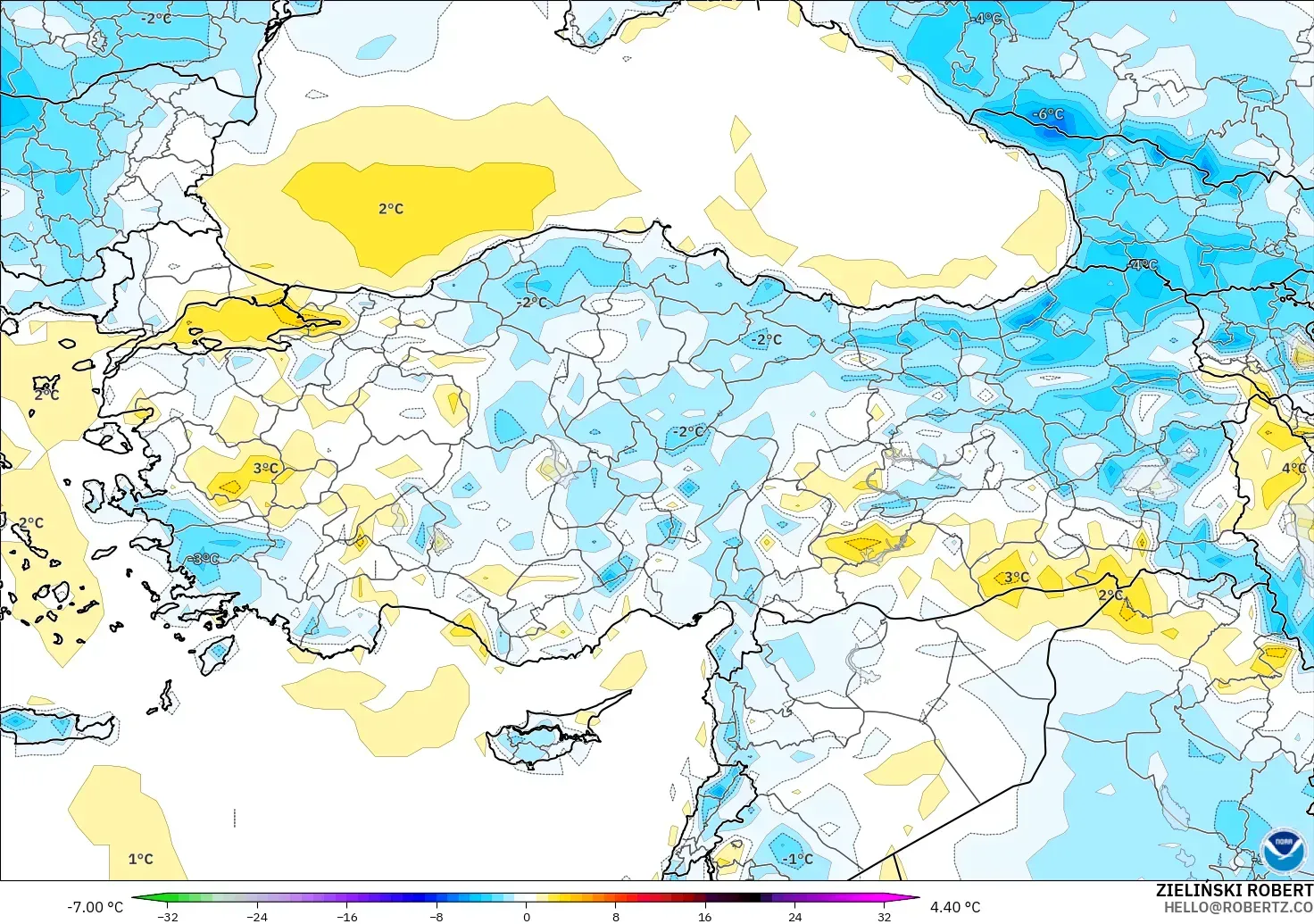 GFS モデル - トルコ, 気温異常（2m）