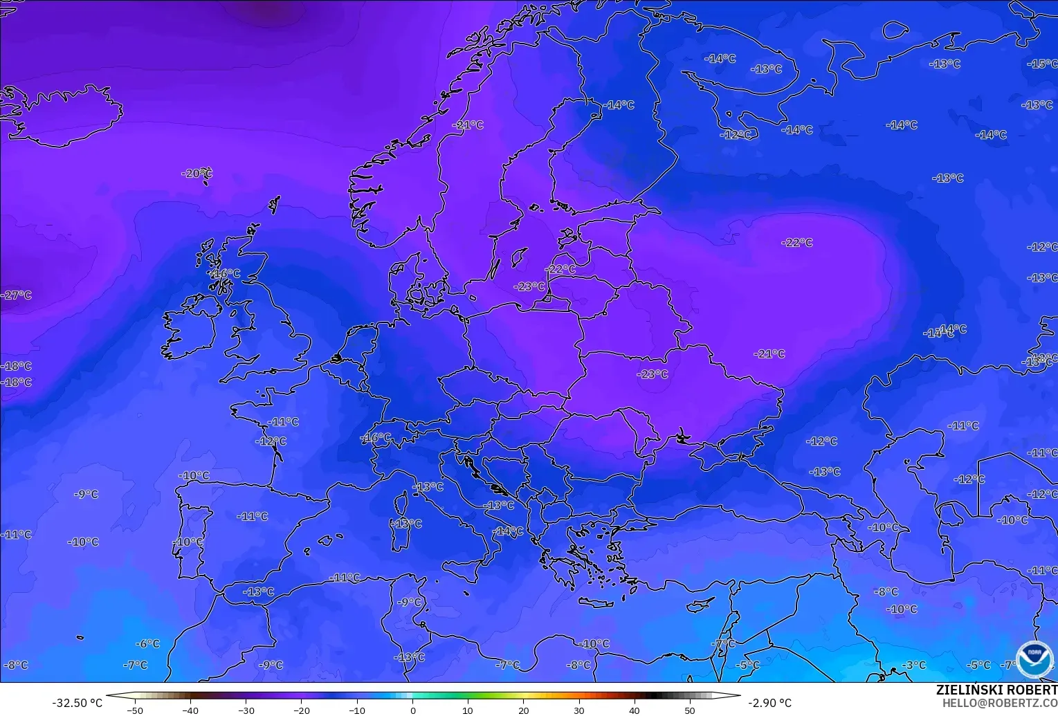 GFS モデル - ヨーロッパ, 気温（500hPa）