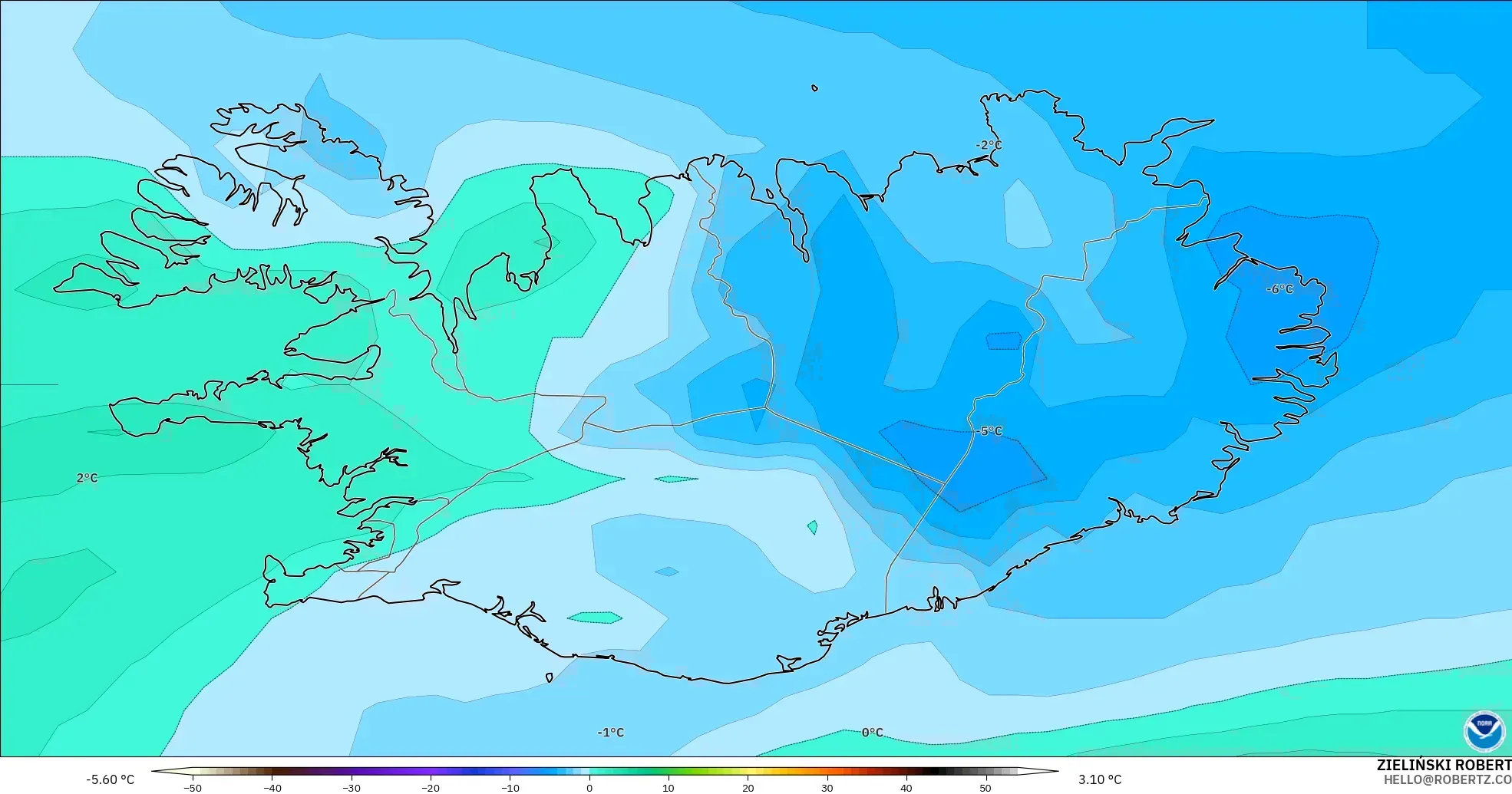 GFS モデル - アイスランド, 気温（850hPa）