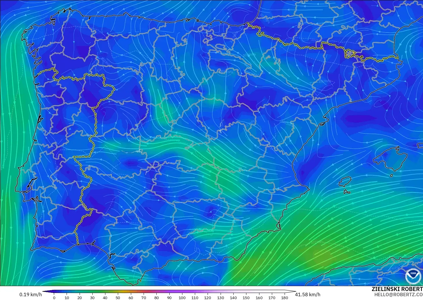 GFS モデル - スペイン, 風速（10m）
