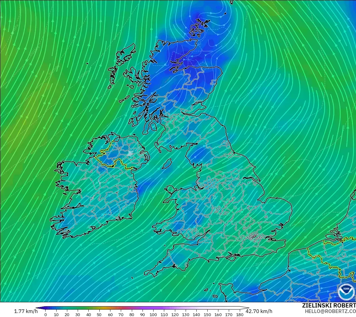 GFS モデル - イギリス, 風速（10m）