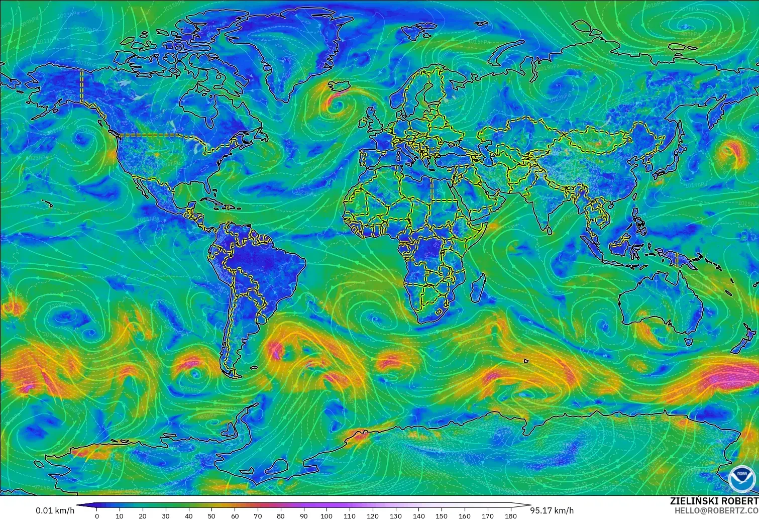 GFS モデル - 世界, 風速（10m）