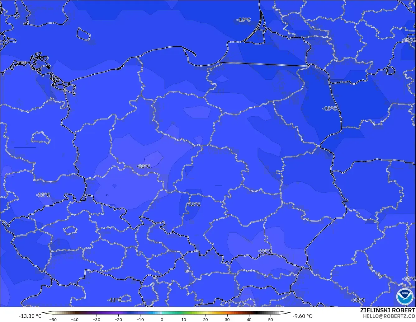 GFS モデル - ポーランド, 気温（500hPa）
