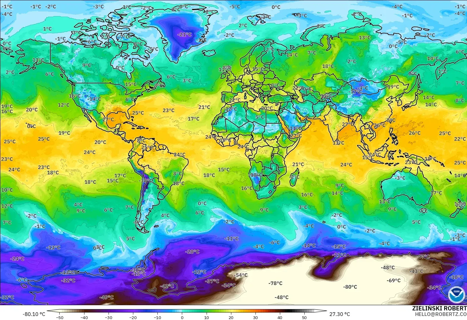 GFS モデル - 世界, 露点温度（2m）