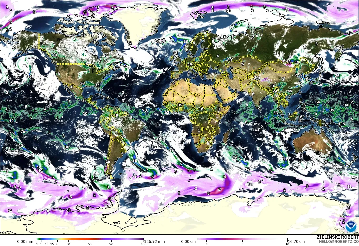 GFS モデル - 世界, 降水量、雲、気圧