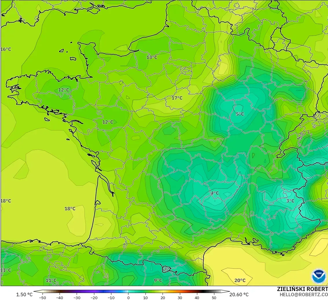 GFS モデル - フランス, 露点温度（2m）