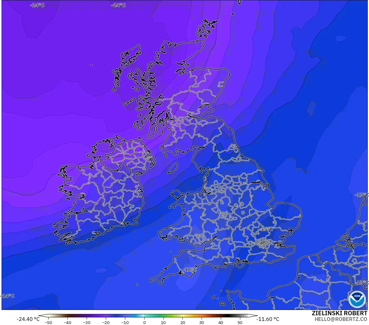GFS モデル - イギリス, 気温（500hPa）