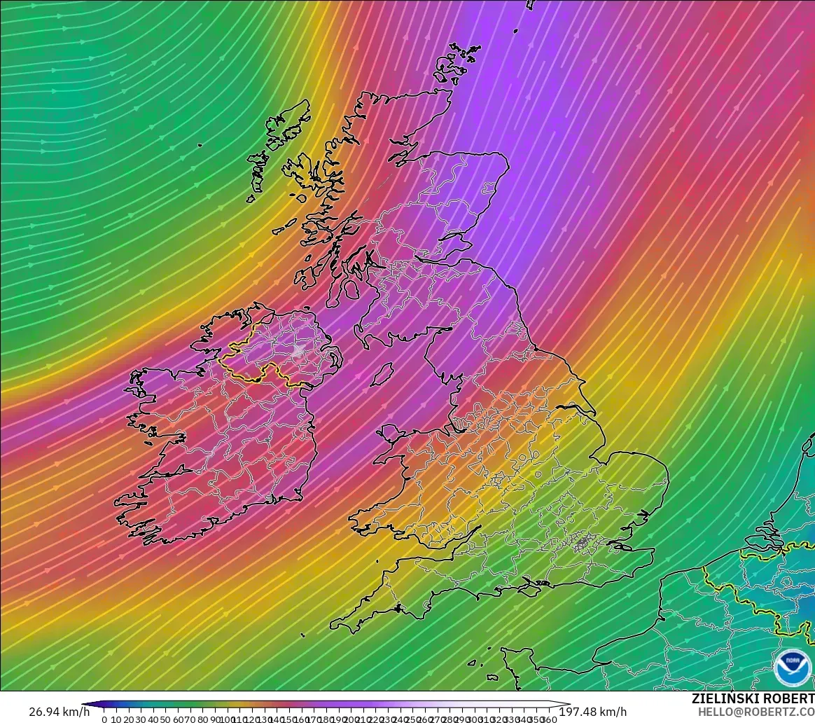 GFS モデル - イギリス, 風速（300hPa）