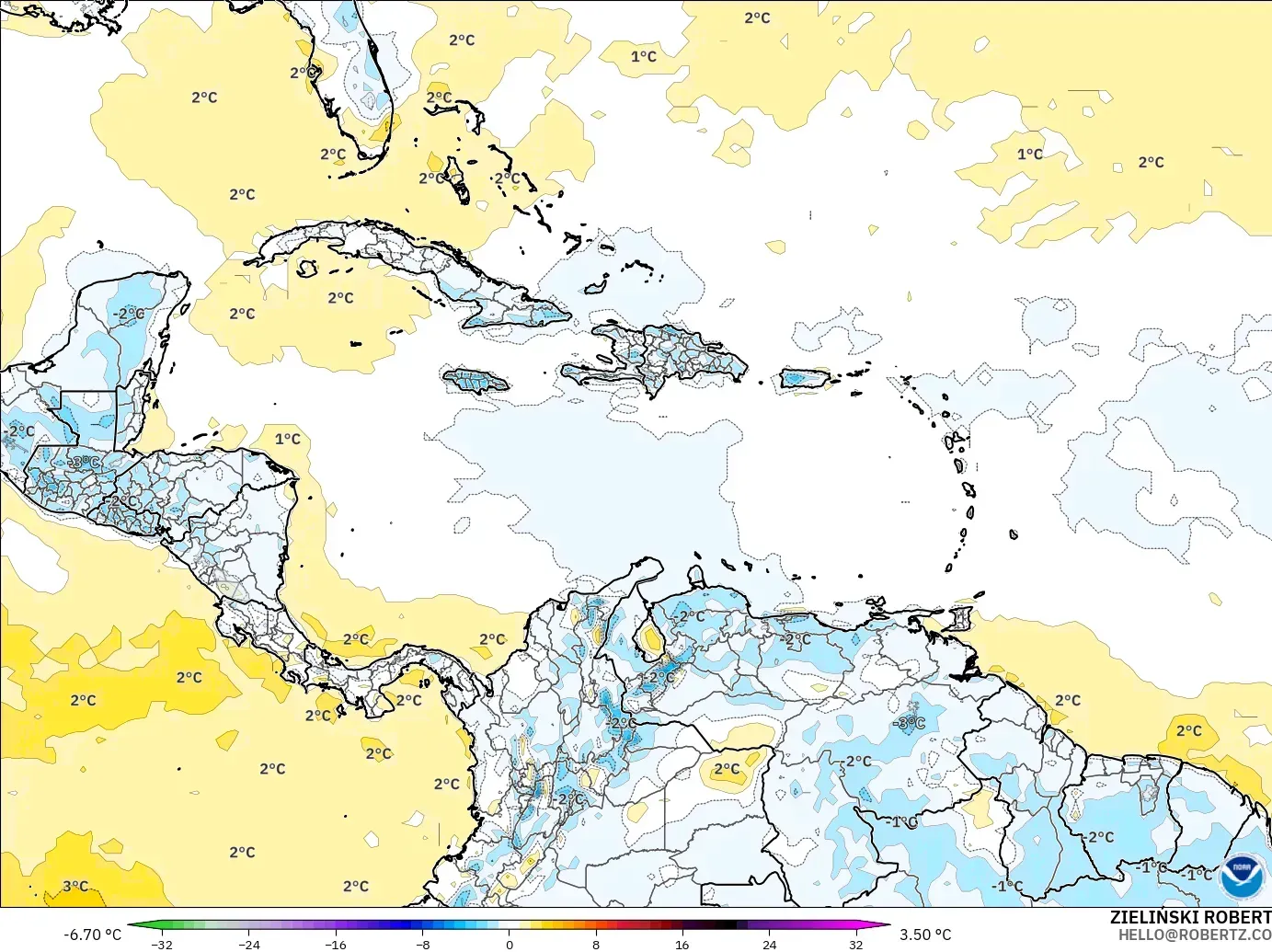 GFS モデル - カリブ海, 気温異常（2m）