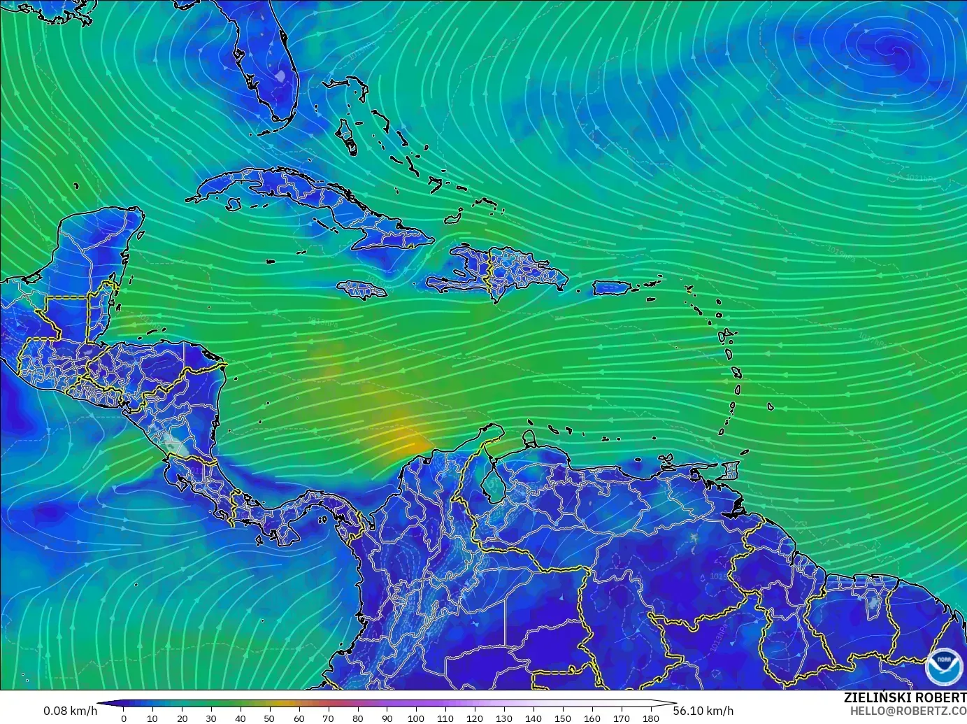 GFS モデル - カリブ海, 風速（10m）