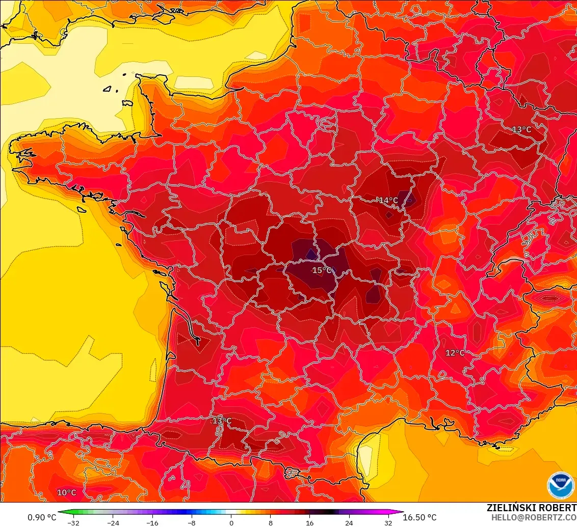 GFS モデル - フランス, 気温異常（2m）