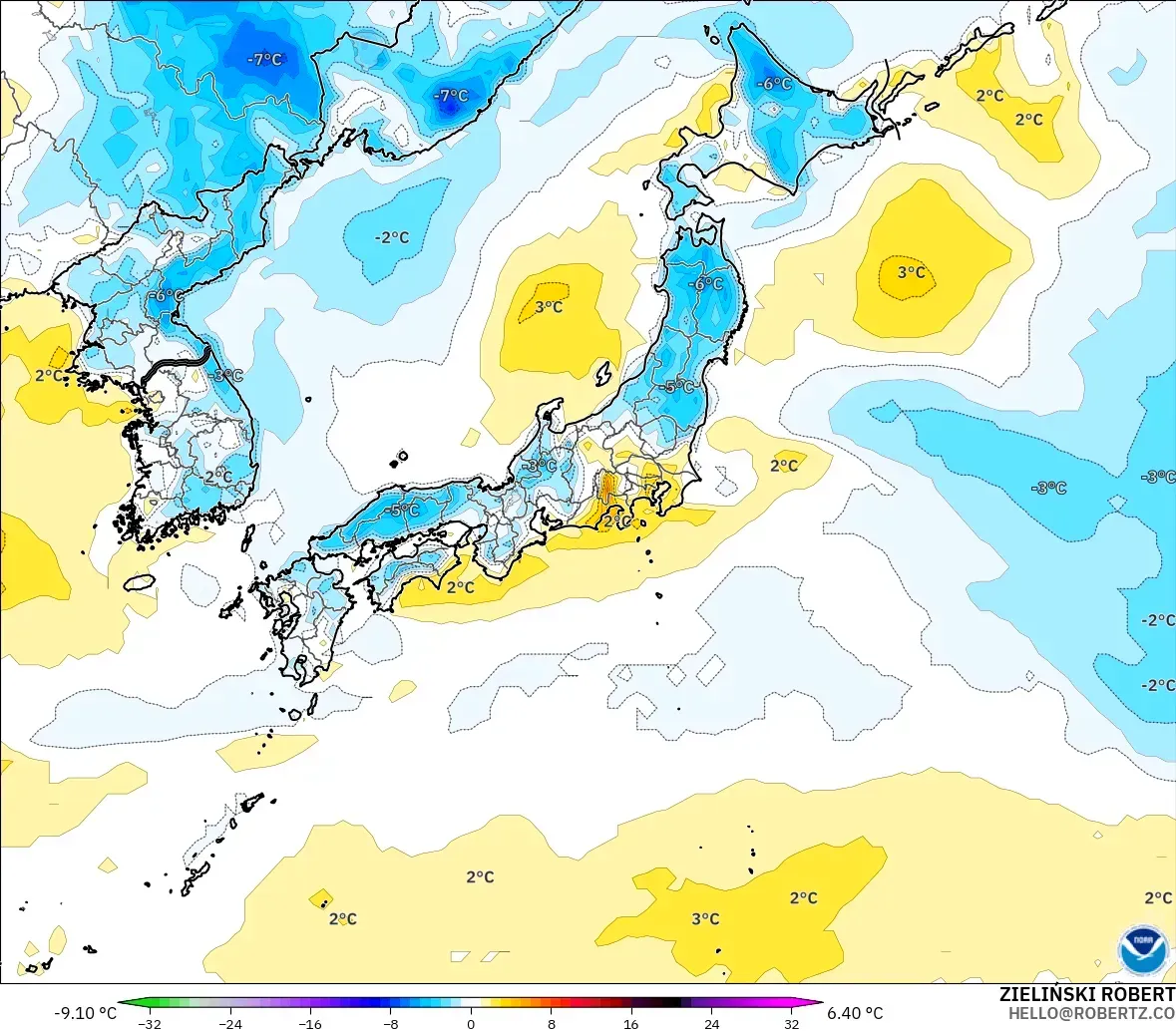 GFS モデル - 日本, 気温異常（2m）
