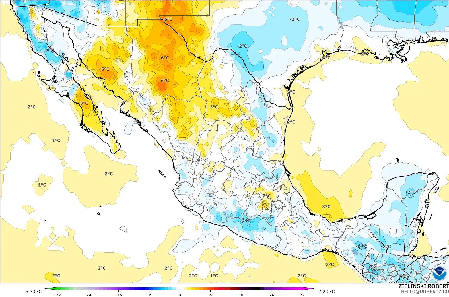 GFS モデル - メキシコ, 気温異常（2m）