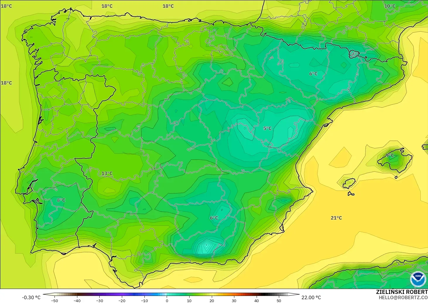 GFS モデル - スペイン, 露点温度（2m）