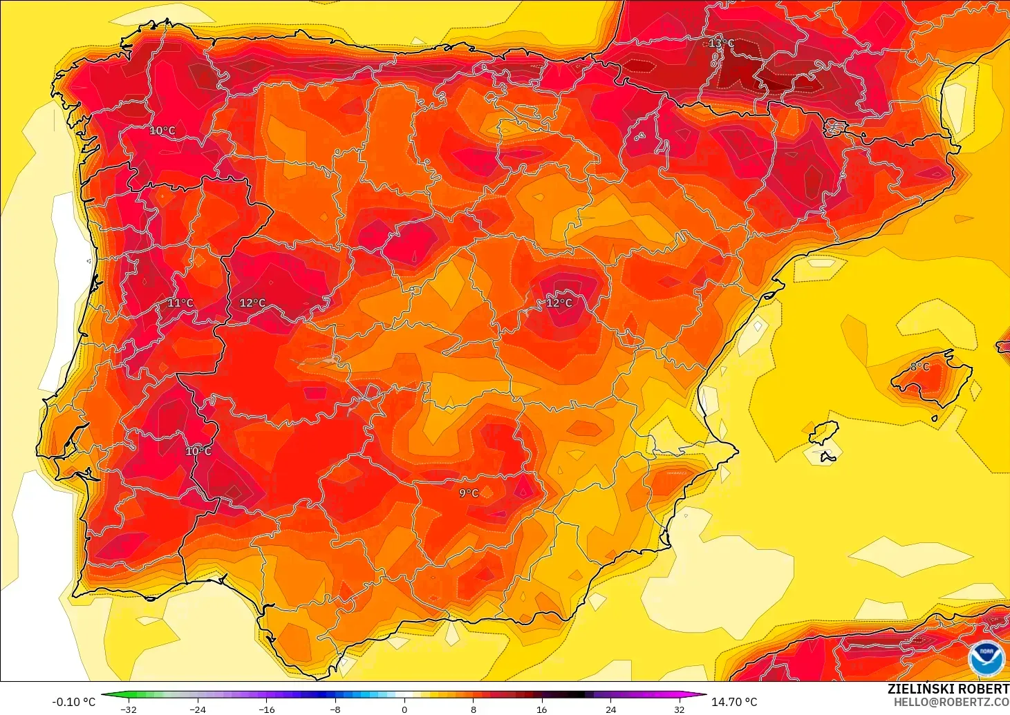 GFS モデル - スペイン, 気温異常（2m）