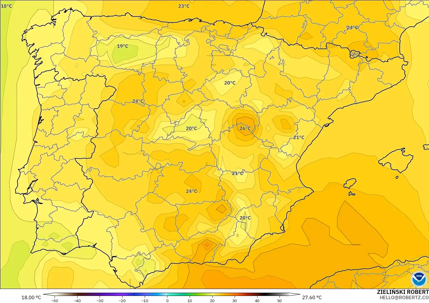 GFS モデル - スペイン, 気温（850hPa）