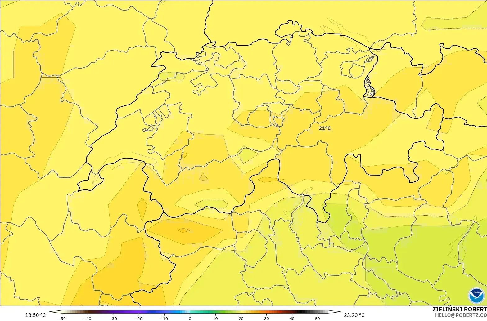 GFS モデル - スイス, 気温（850hPa）
