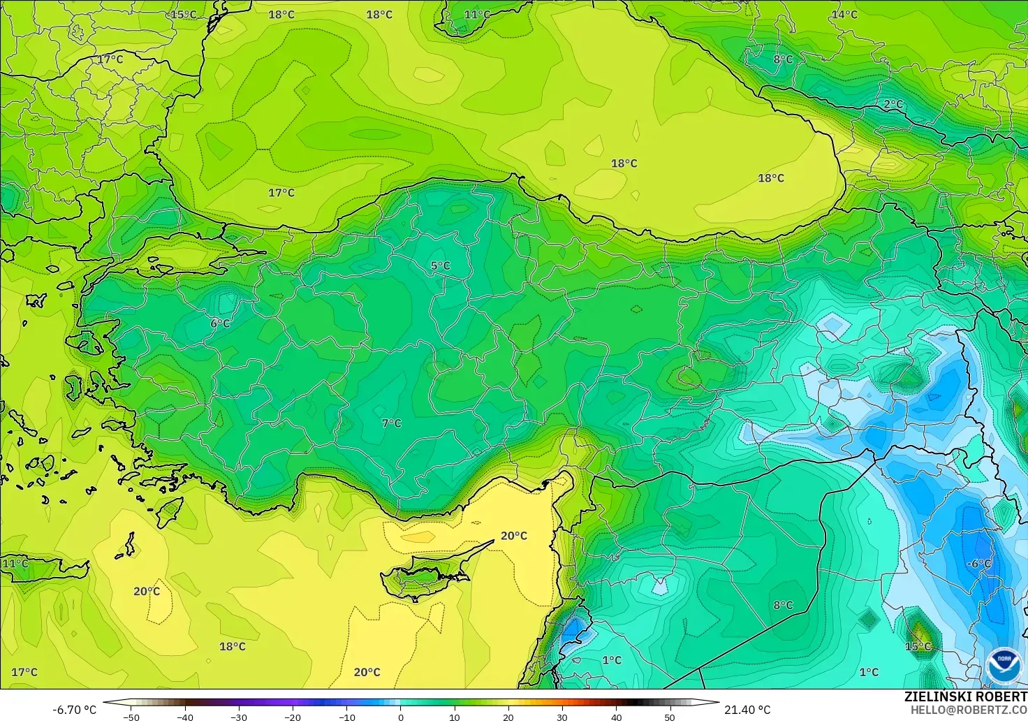 GFS モデル - トルコ, 露点温度（2m）