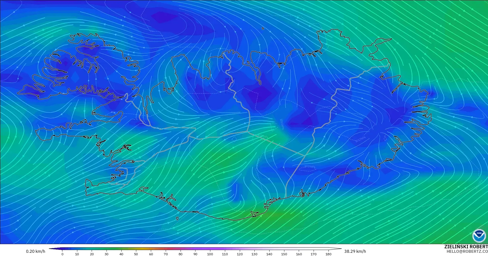 GFS モデル - アイスランド, 風速（10m）