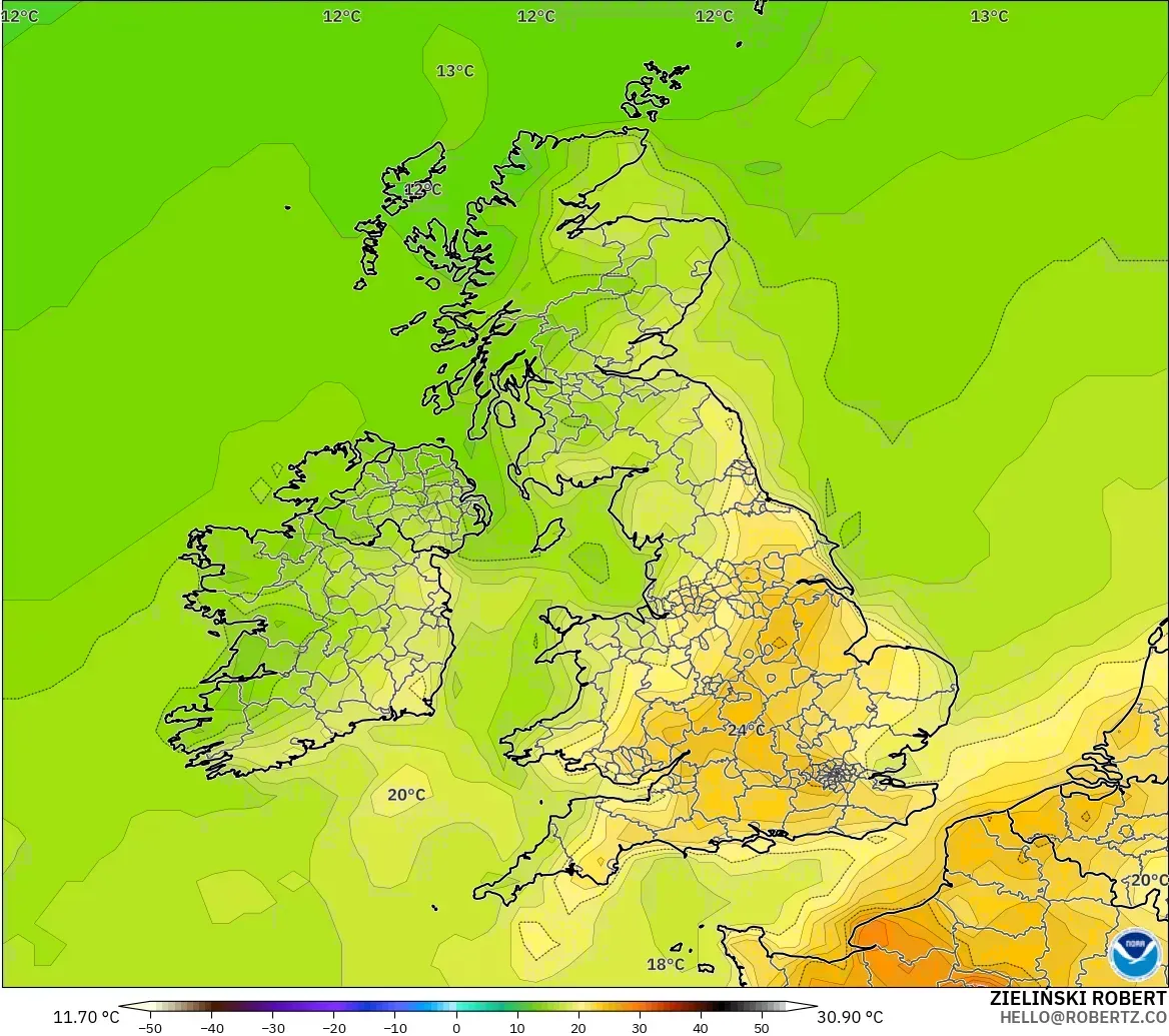 GFS モデル - イギリス, 気温（2m）