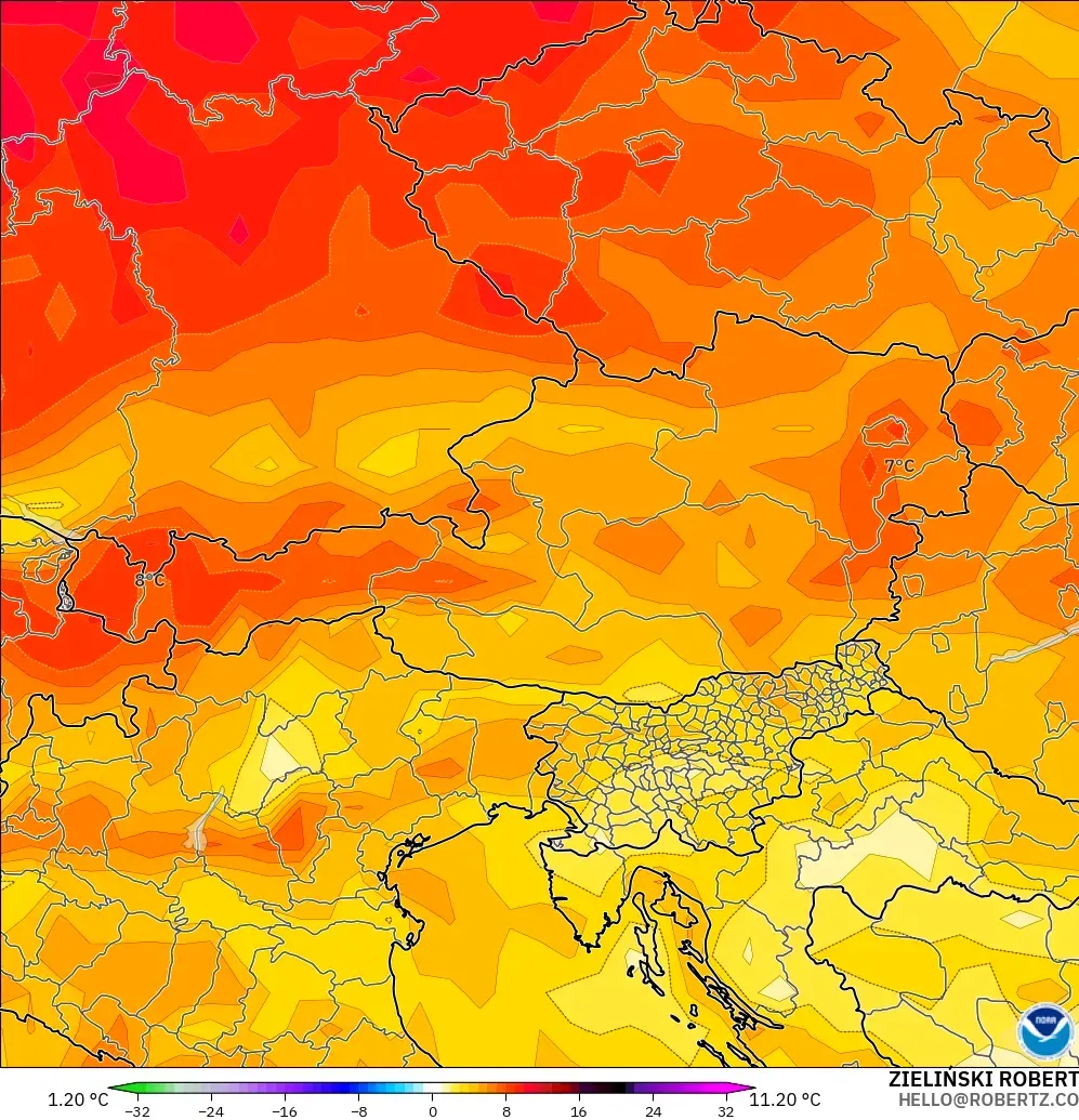 GFS モデル - オーストリア, 気温異常（2m）
