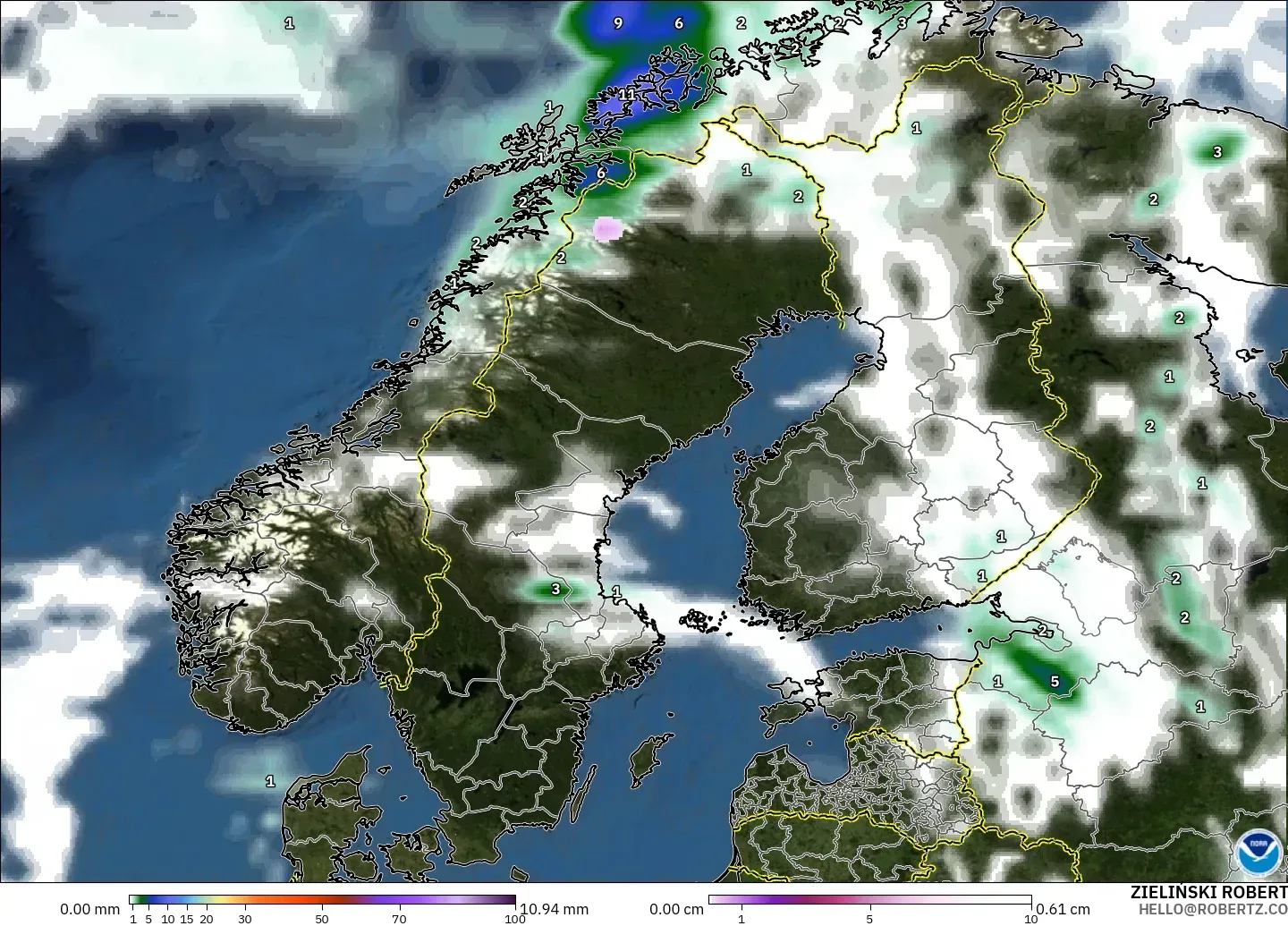 GFS モデル - スカンジナビア, 降水量、雲、気圧