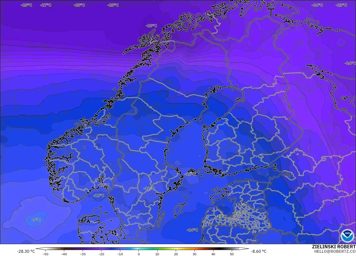 GFS モデル - スカンジナビア, 気温（500hPa）