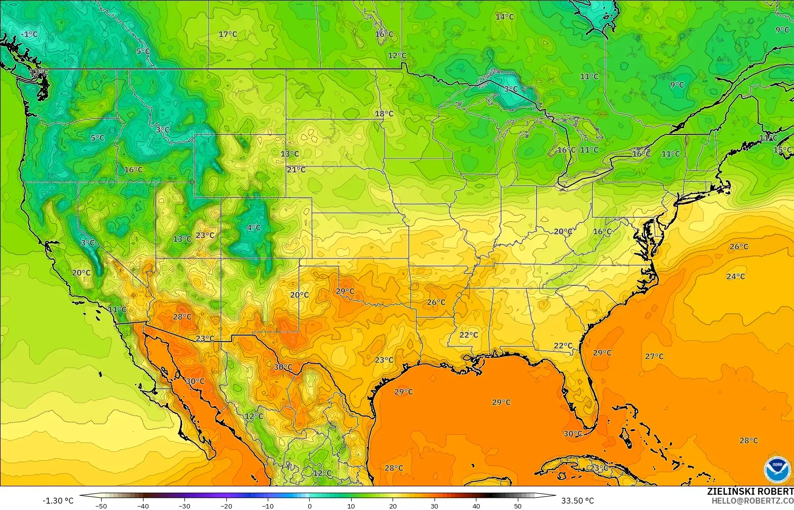 GFS モデル - アメリカ合衆国, 気温（2m）