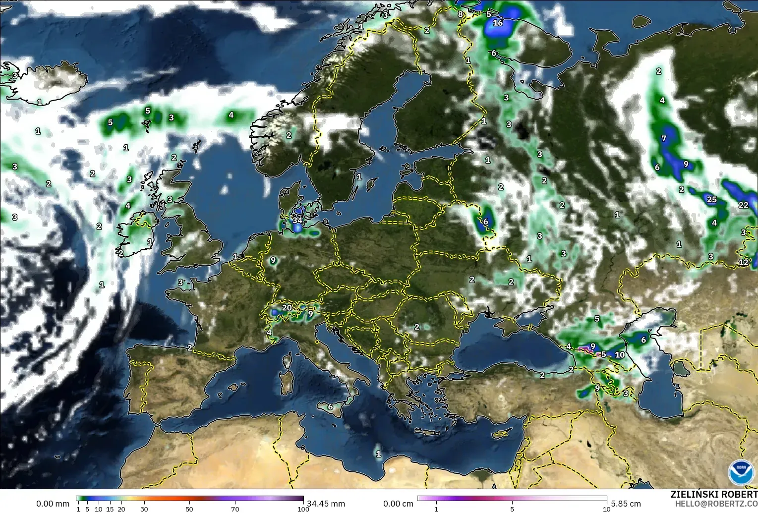 GFS モデル - ヨーロッパ, 降水量、雲、気圧