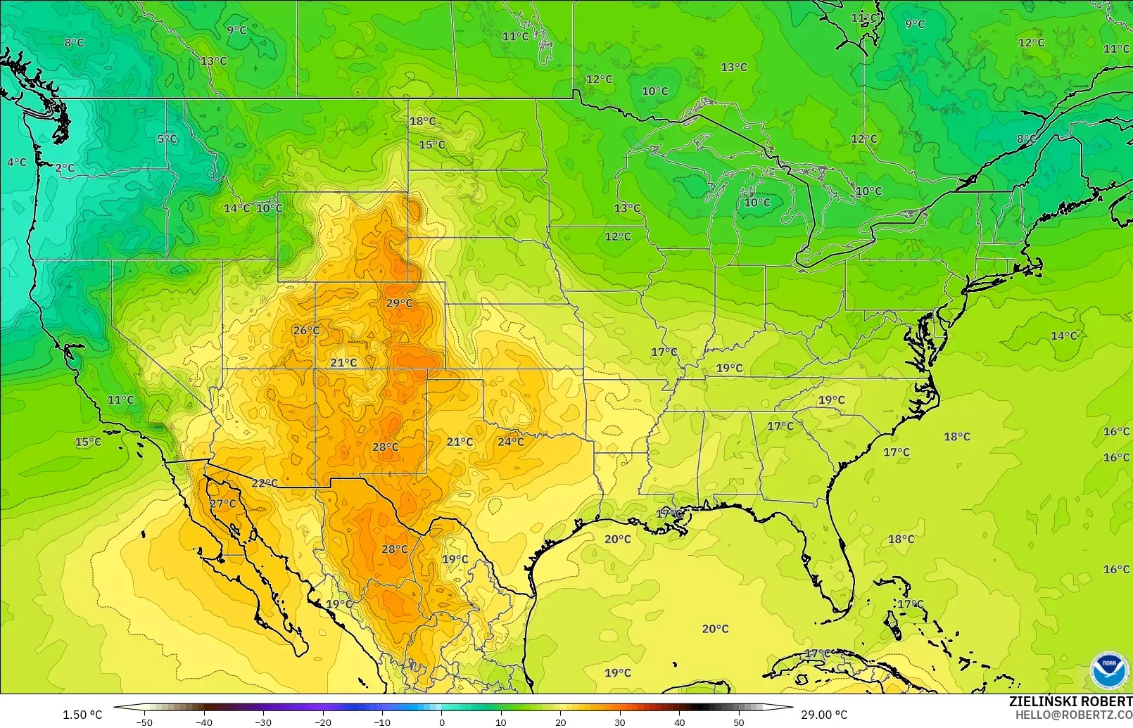 GFS モデル - アメリカ合衆国, 気温（850hPa）