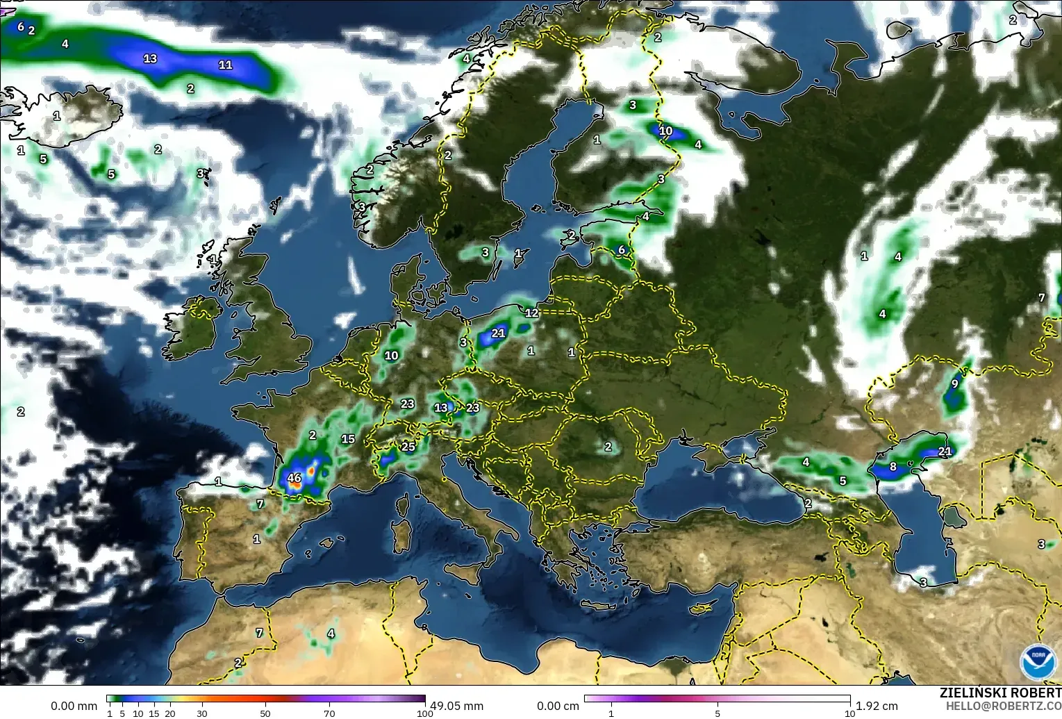 GFS モデル - ヨーロッパ, 降水量、雲、気圧