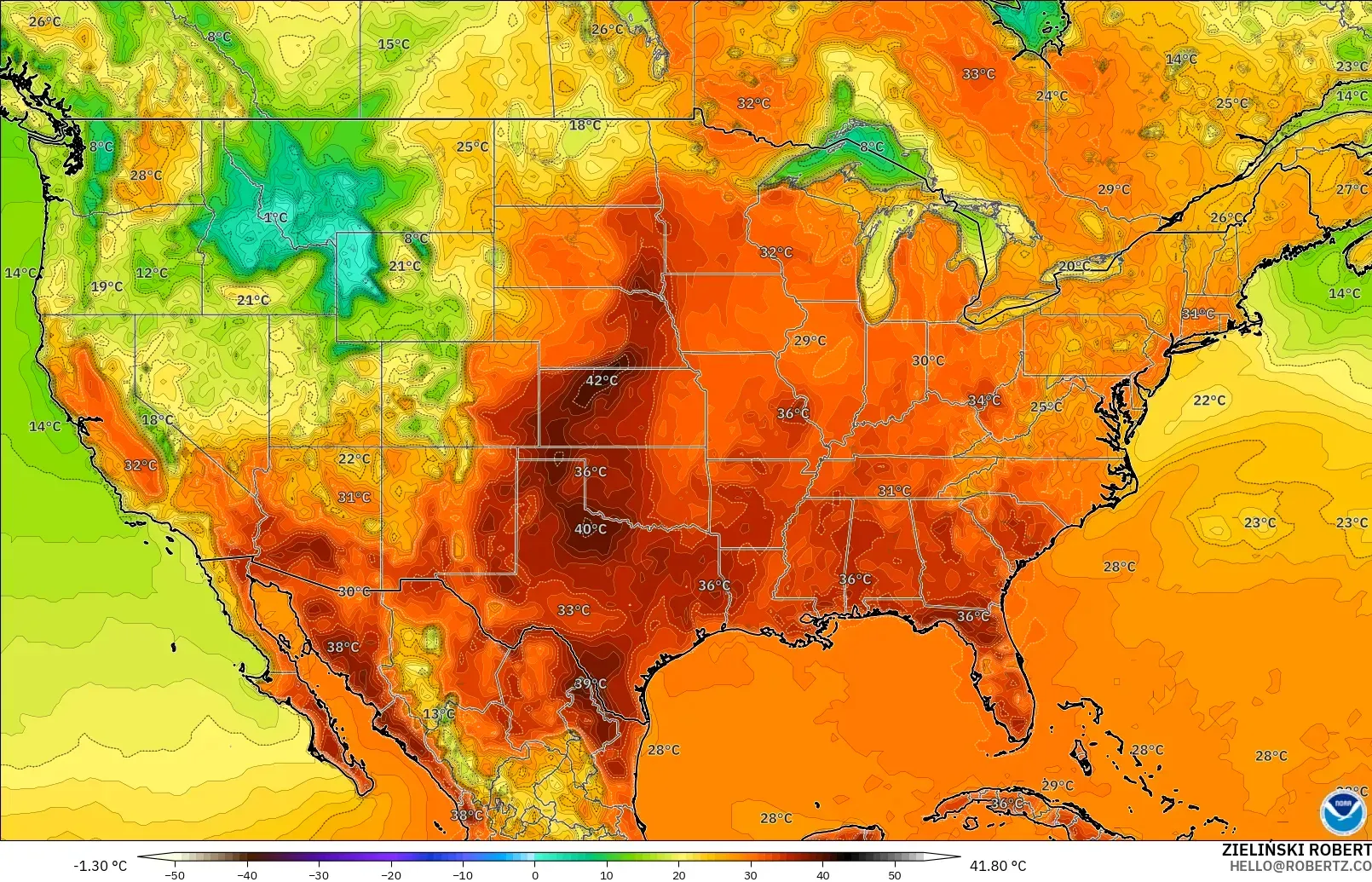 GFS モデル - アメリカ合衆国, 気温（2m）