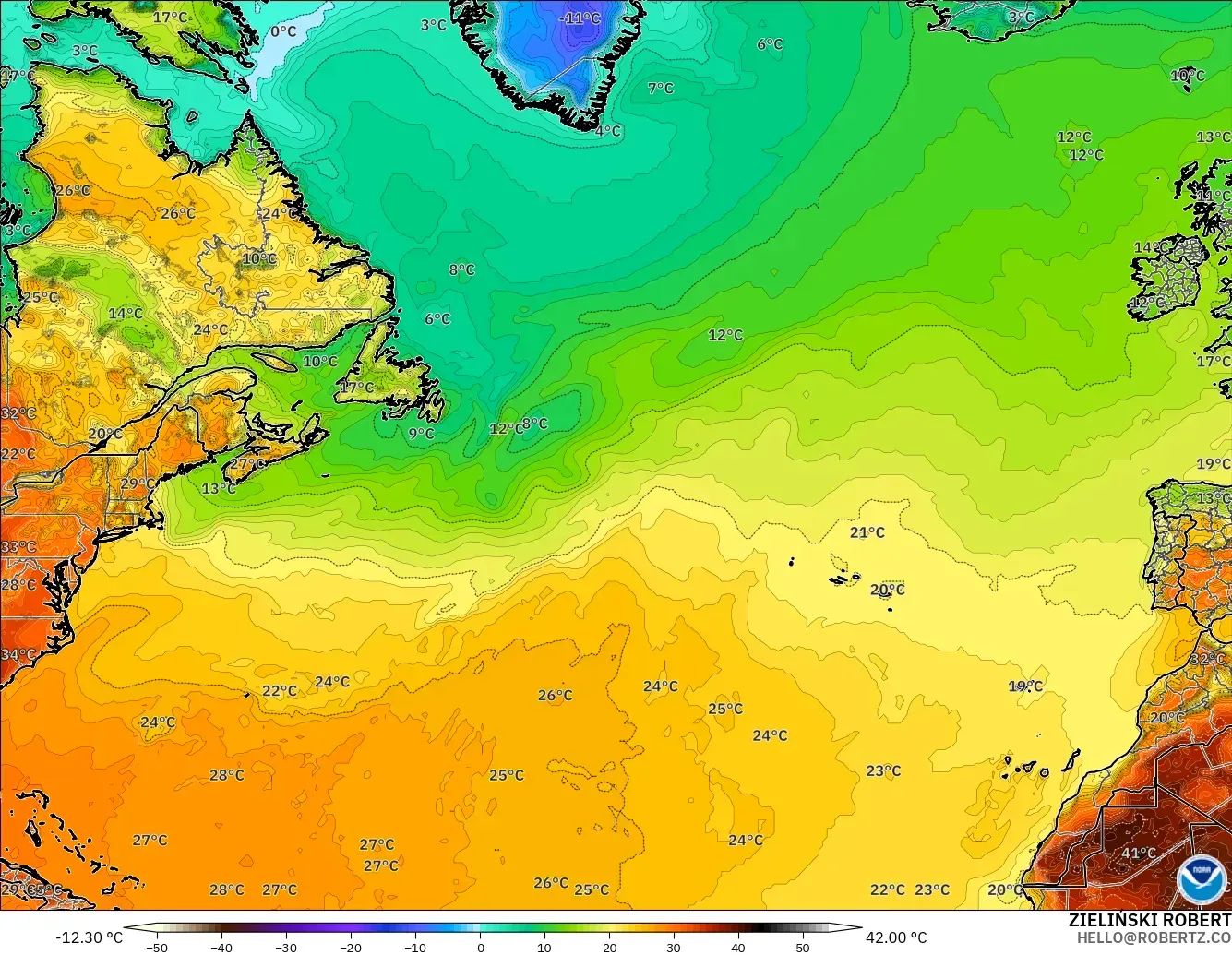 GFS モデル - 北大西洋, 気温（2m）