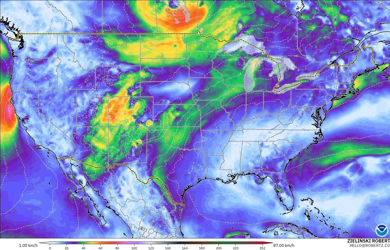 GFS モデル - アメリカ合衆国, 突風（最大）