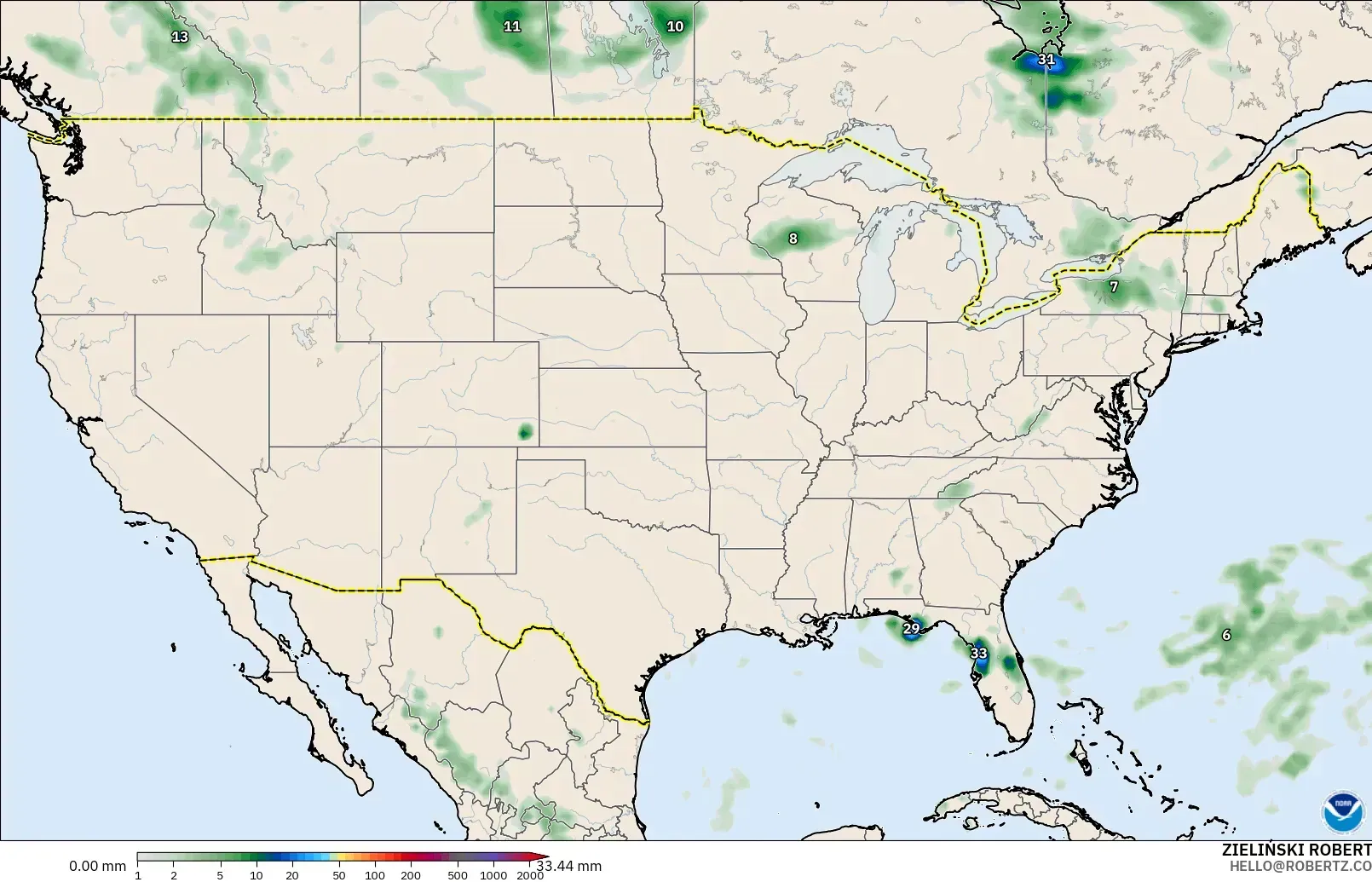 GFS モデル - アメリカ合衆国, 降水量の合計
