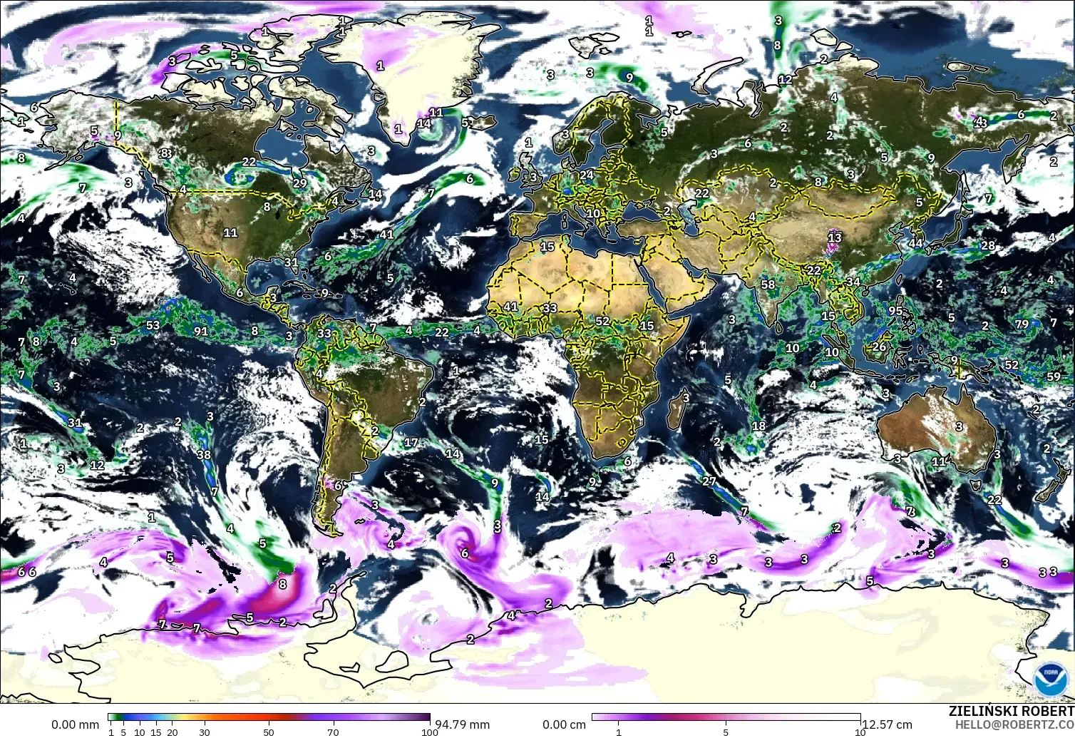 GFS モデル - 世界, 降水量、雲、気圧